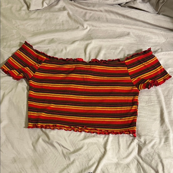 Wild Honey Red and Orange Striped Crop Top with Black Cross-Strap Top - Picture 4 of 6